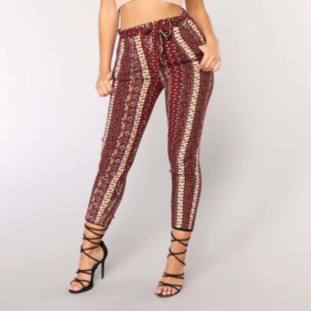 Ivory & Burgundy Tribal Print Flowy Ankle Pants